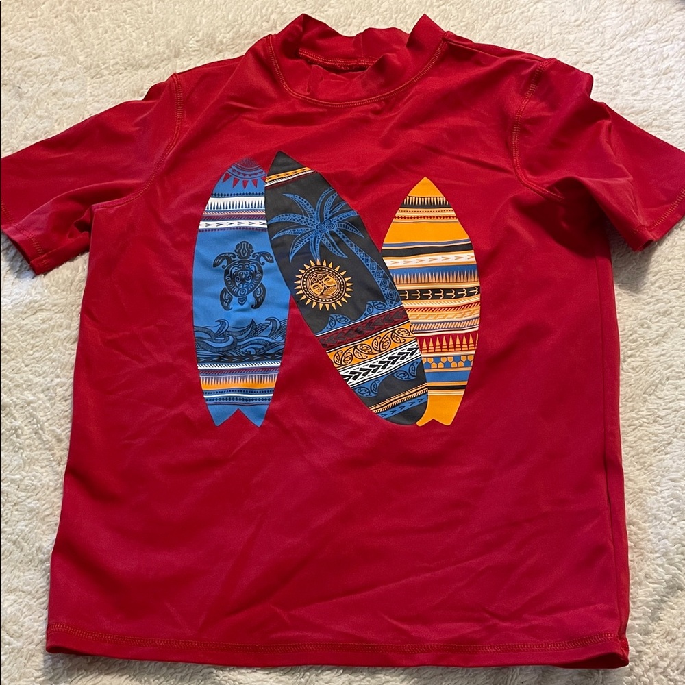 Lands' End Kids Red Rashguard with Surfboard Design